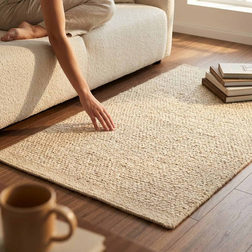 Beiger rechteckiger Flachgewebe-Teppich in einem hellen Wohnzimmer