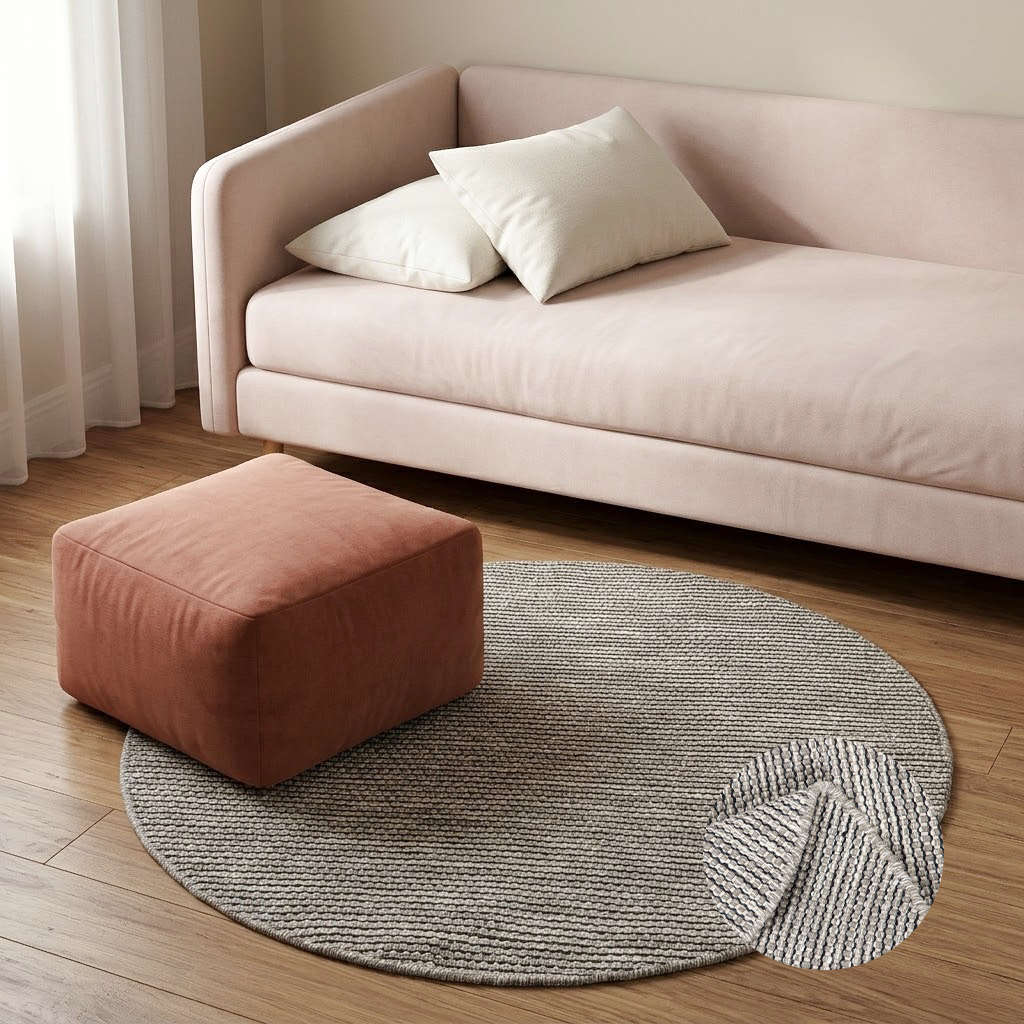 Runder grauer Flachgewebe-Teppich vor einem hellen Sofa