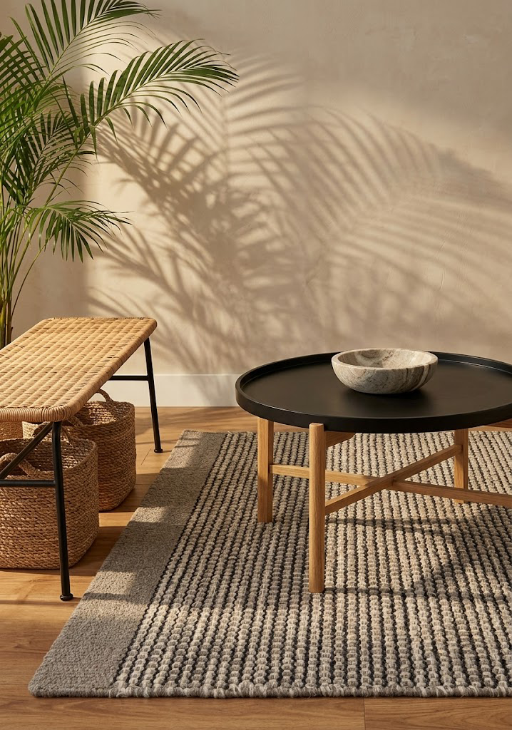 Grauer Teppich im Wohnzimmer mit Couchtisch