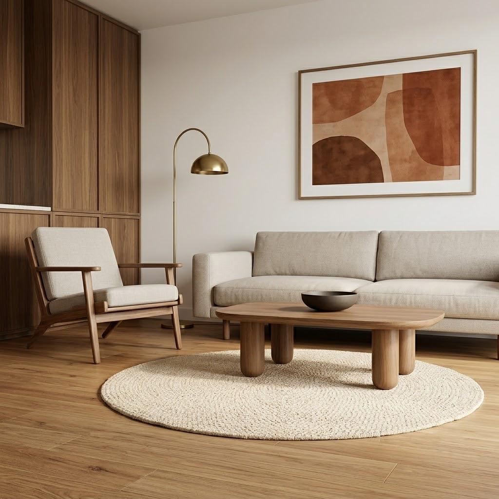 Beiger Teppich in einem modernen Wohnzimmer mit Couchtisch