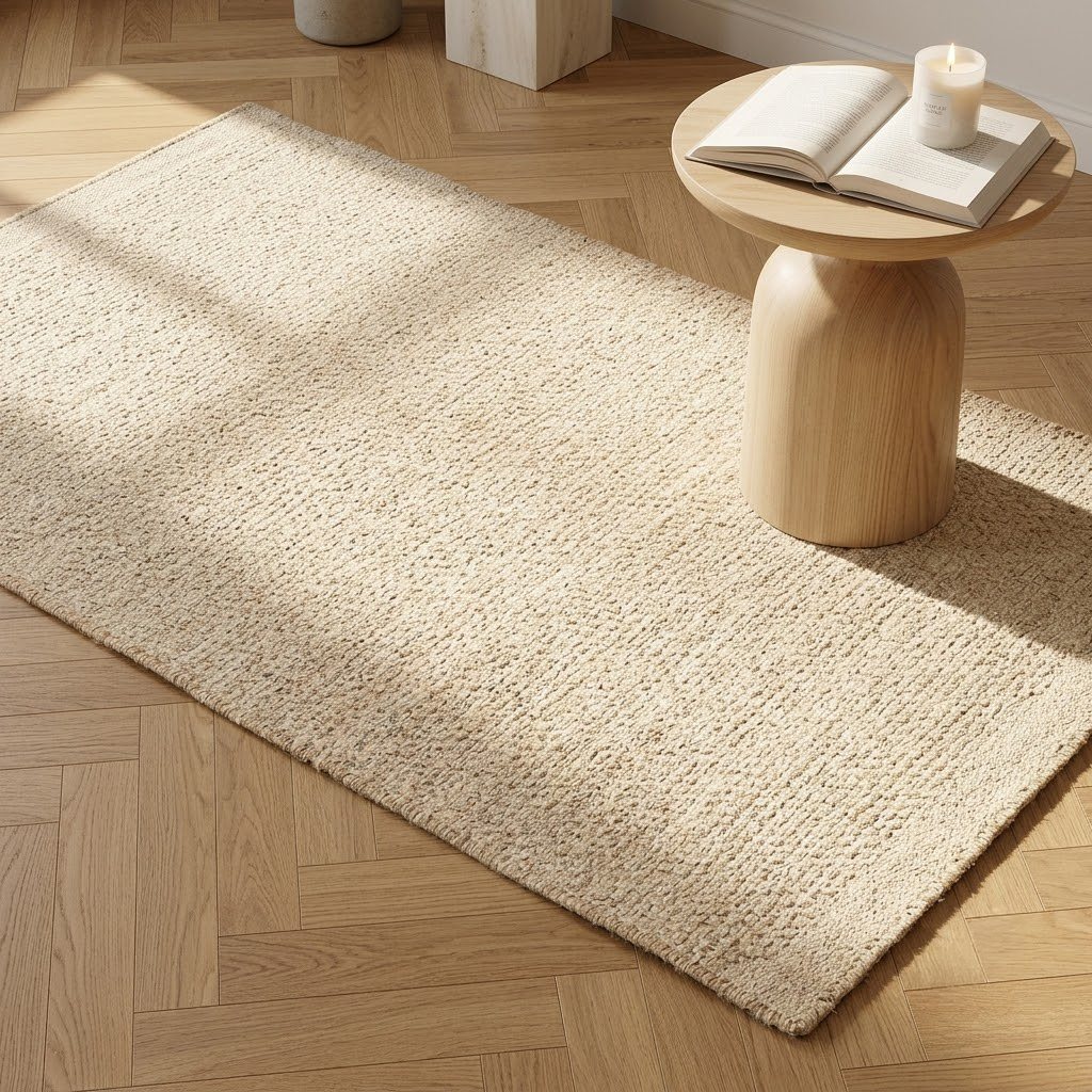 Beiger rechteckiger Teppich mit natürlichem Lichteinfall