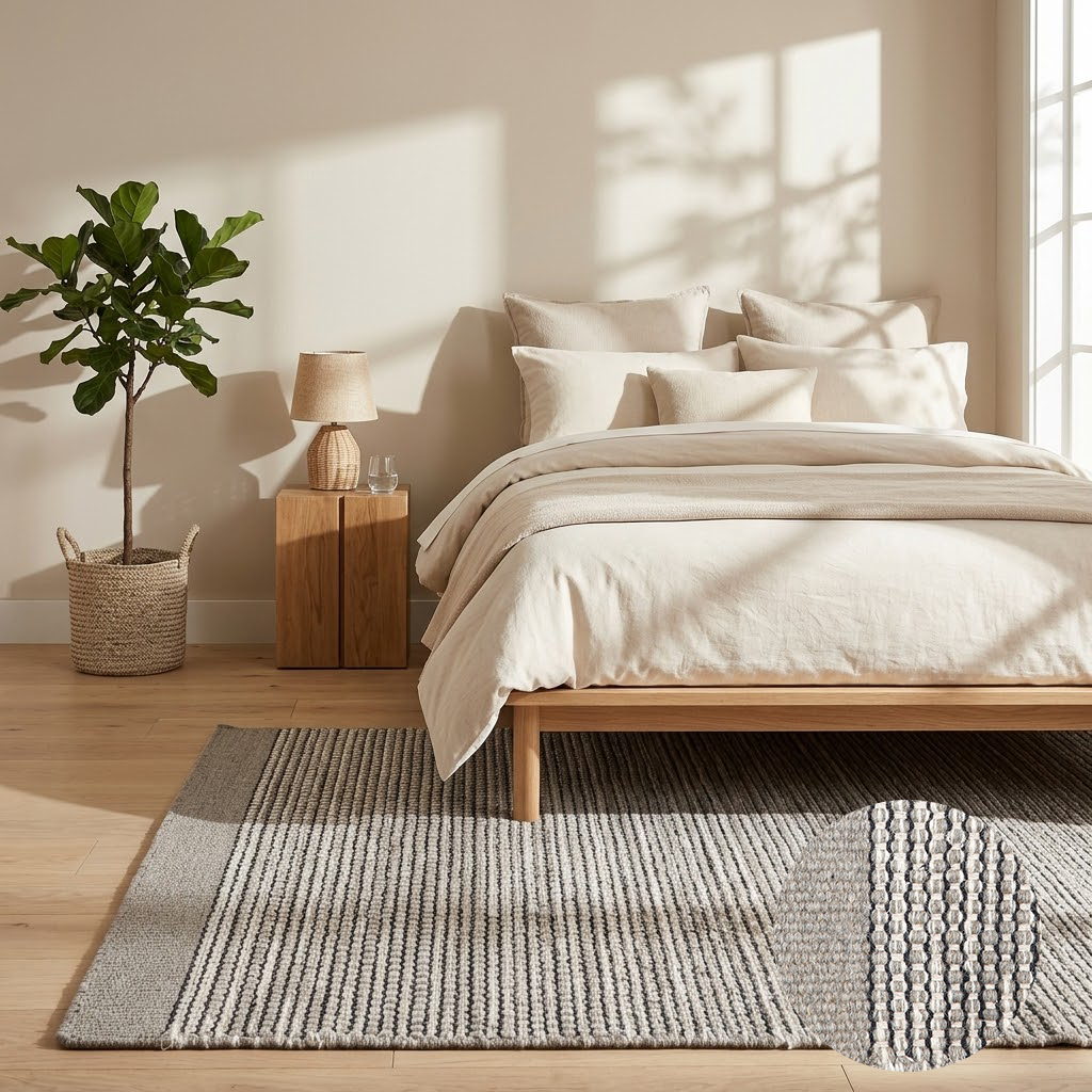 Grauer Teppich im Schlafzimmer neben dem Bett