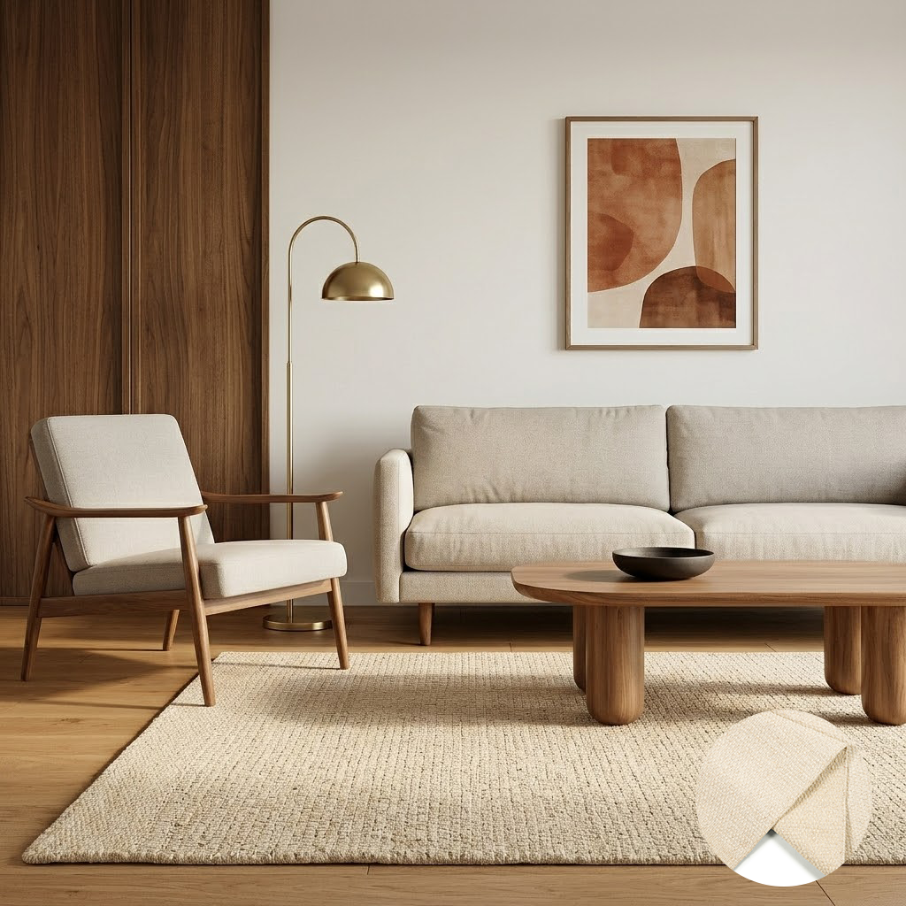 Beiger Teppich in einem minimalistischen Wohnzimmer