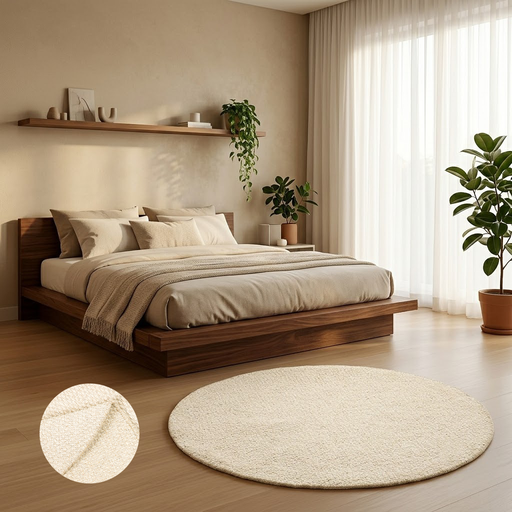 Runder beiger Teppich neben einem Bett im hellen Schlafzimmer