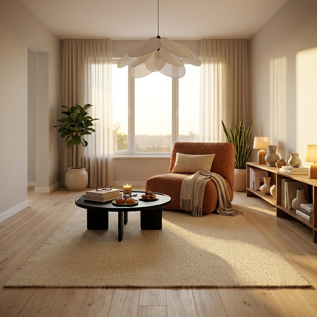 Beiger Teppich in einem warm gestalteten Wohnzimmer