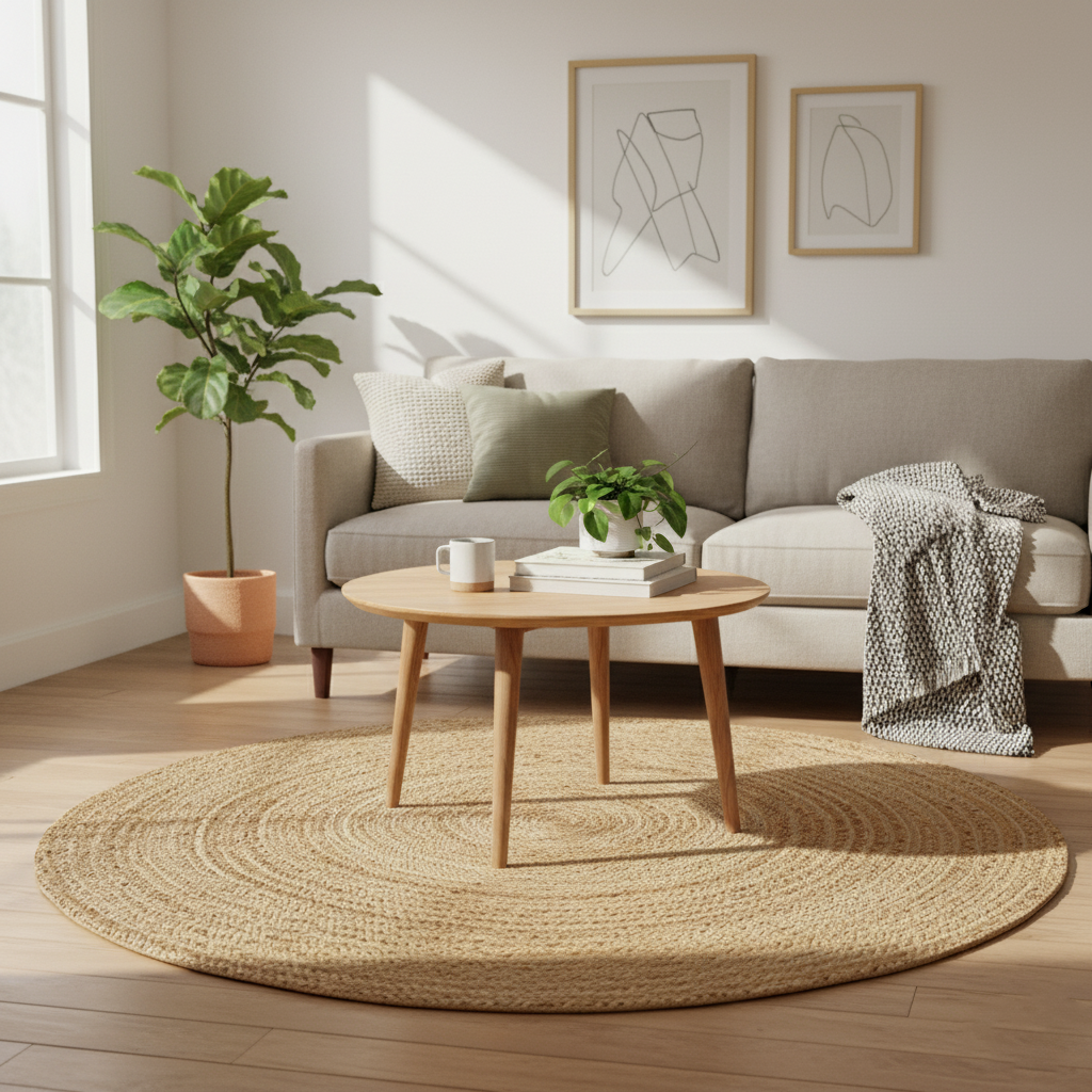 Runder Jute Teppich Natur | Handgefertigter Boho Teppich aus Jute