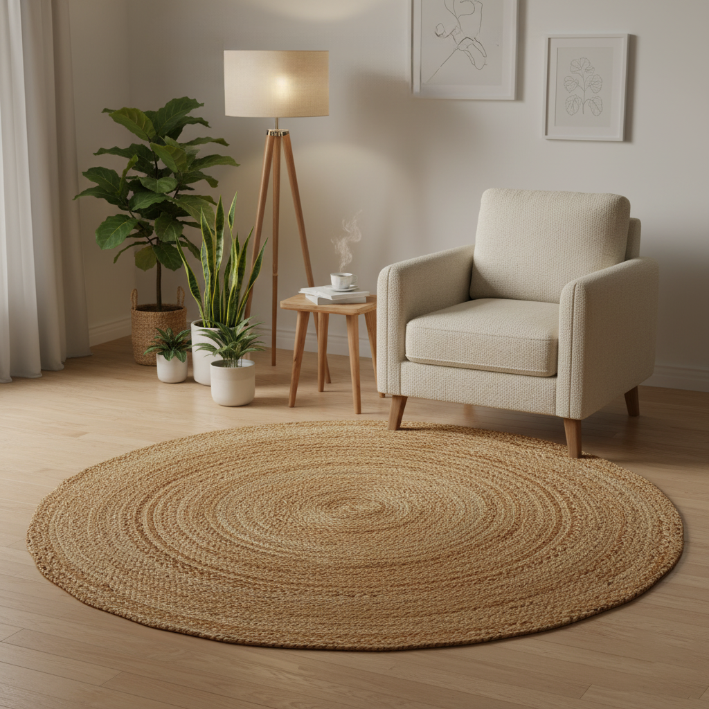 Runder Jute Teppich Natur | Handgefertigter Boho Teppich aus Jute