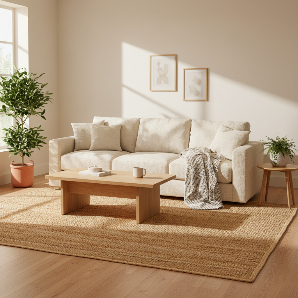 Rechteckiger Jute Teppich Natur | Boho Teppich mit Linienmuster