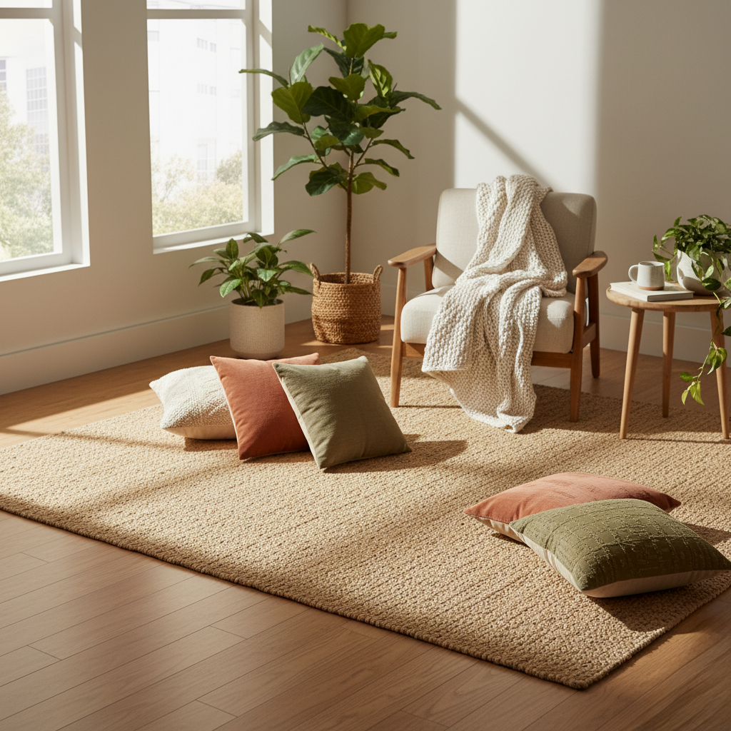 Rechteckiger Jute Teppich Natur | Boho Teppich mit Linienmuster