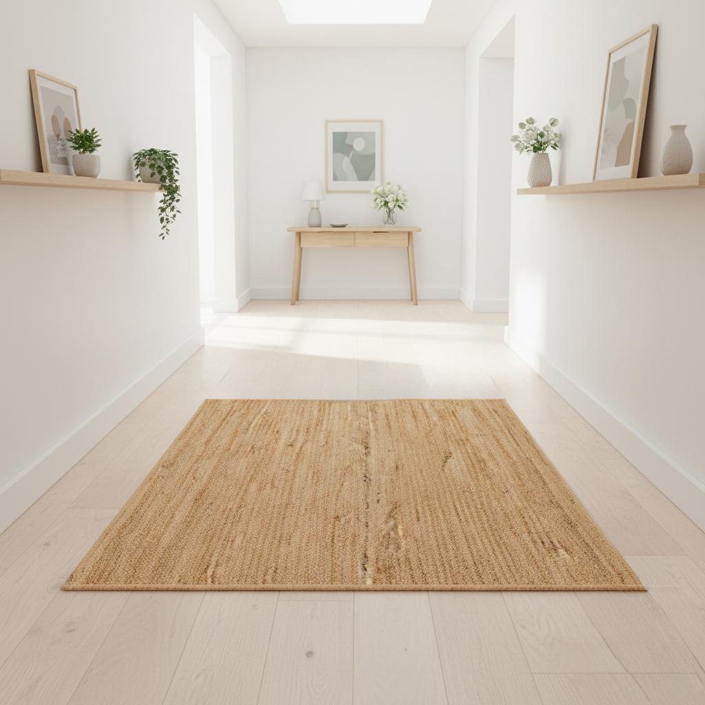 Rechteckiger Jute Teppich Natur | Boho Teppich mit Linienmuster