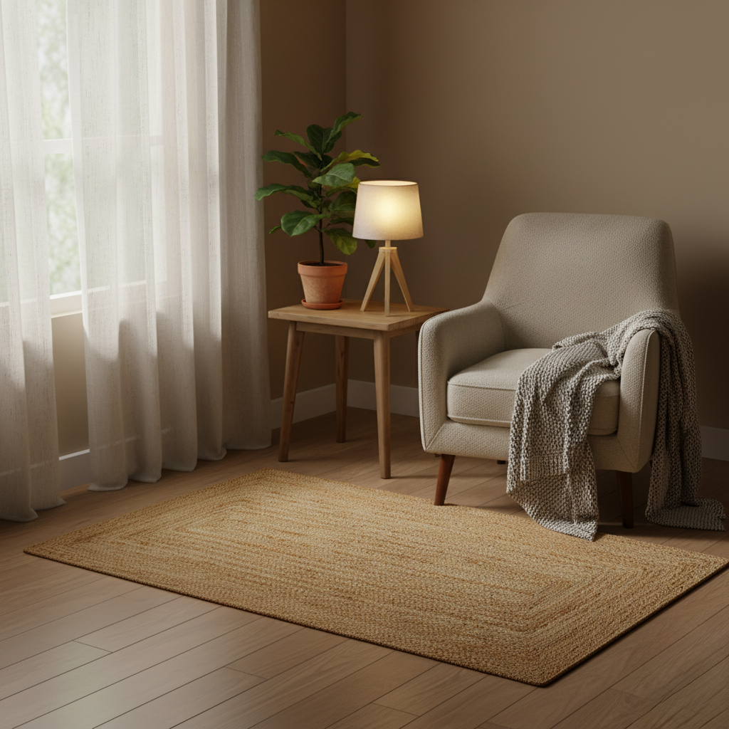 Rechteckiger Jute Teppich Natur | Boho Teppich mit Rahmenmuster