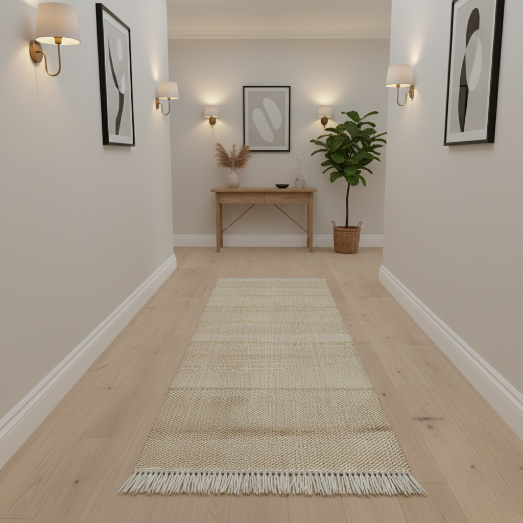 Jute-Wolle Teppich Natur | Handgefertigter Boho Teppich mit Fransen