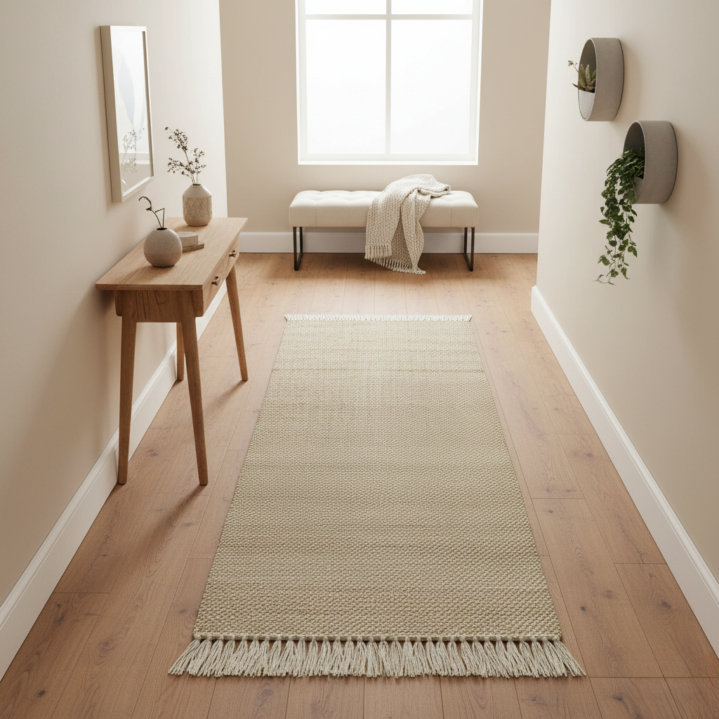 Jute-Wolle Teppich Natur | Handgefertigter Boho Teppich mit Fransen