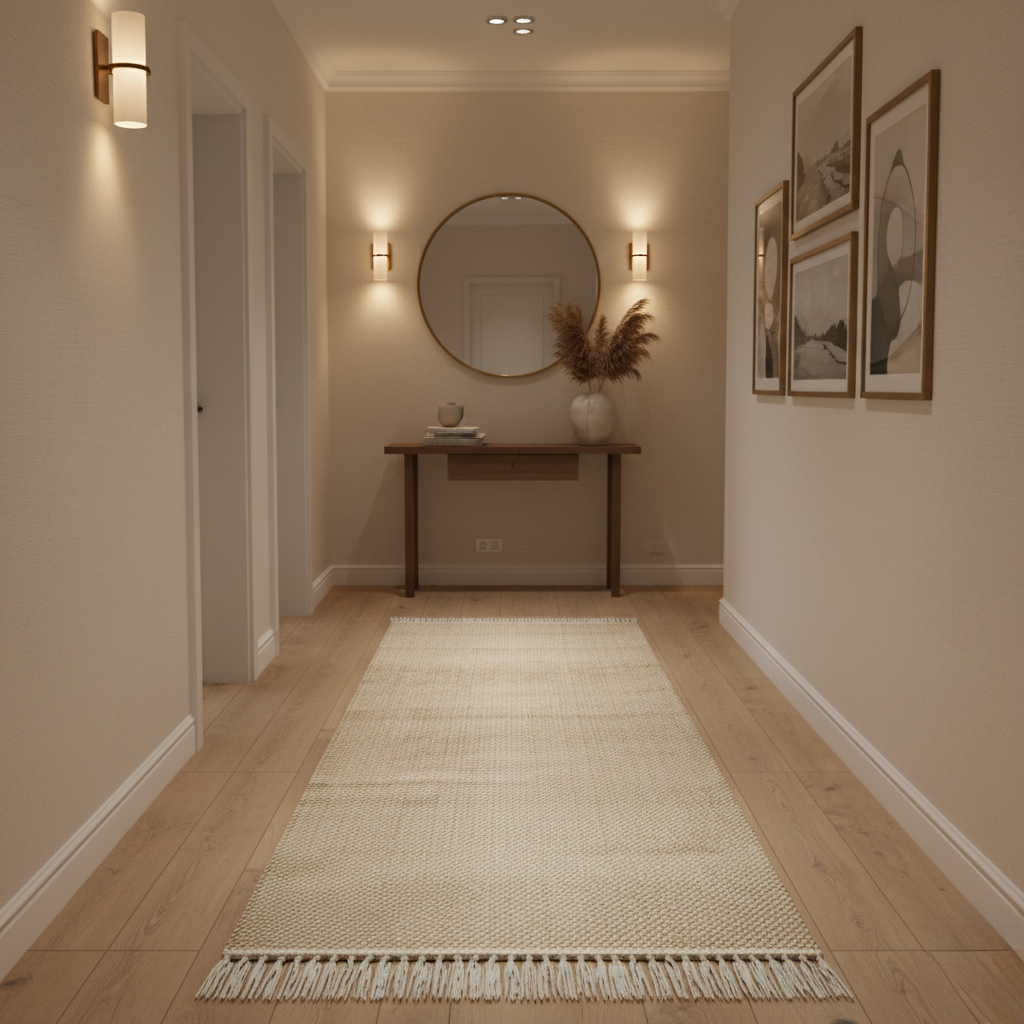 Jute-Wolle Teppich Natur | Handgefertigter Boho Teppich mit Fransen