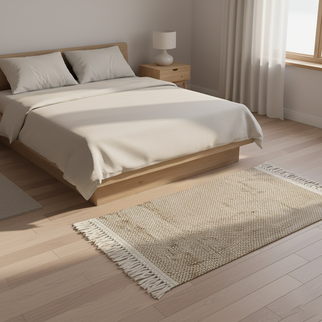 Jute-Wolle Teppich Natur | Handgefertigter Boho Teppich mit Fransen