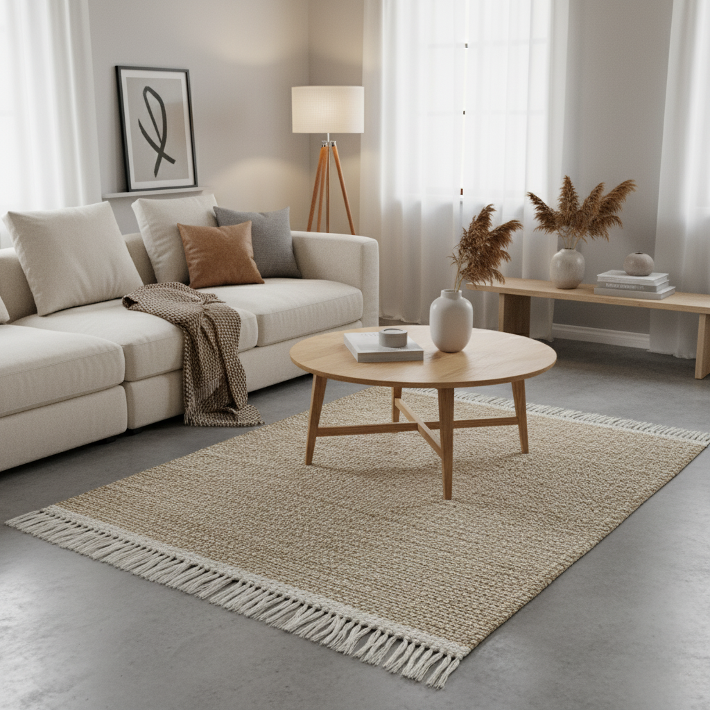 Jute-Wolle Teppich Natur | Handgefertigter Boho Teppich mit Fransen