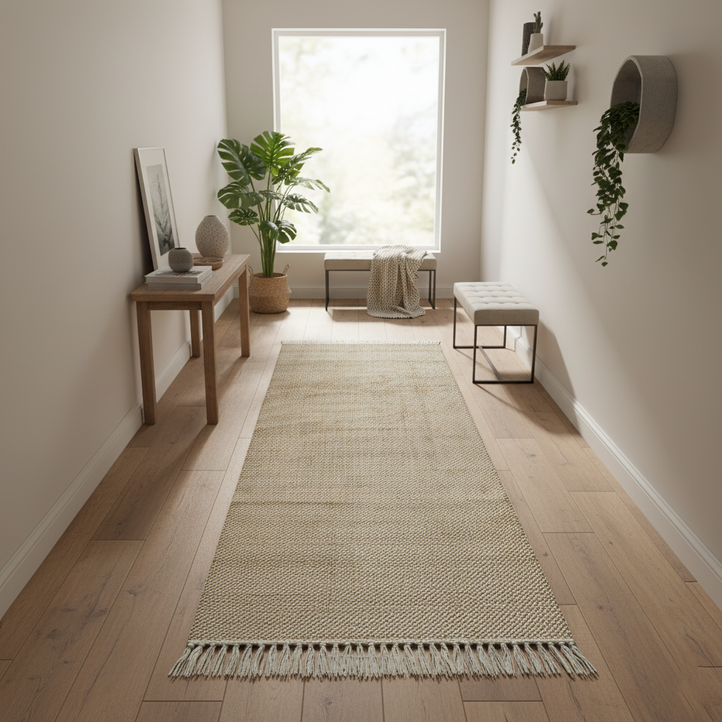 Jute-Wolle Teppich Natur | Handgefertigter Boho Teppich mit Fransen