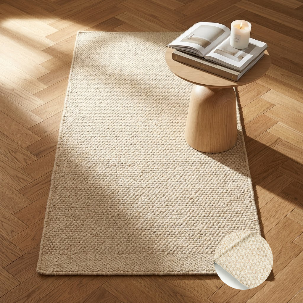 Beiger rechteckiger Teppich im Wohnzimmer mit Couchtisch
