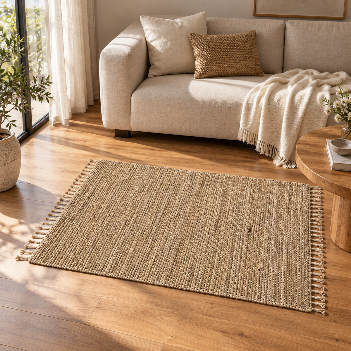 Beiger Chindi-Teppich neben einem Sofa mit natürlichem Lichteinfall